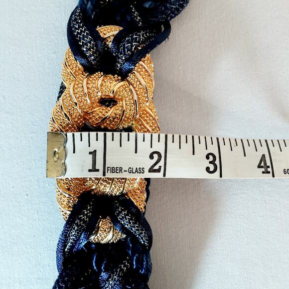 Corded Tapestry Belt Navy Blue Gold Tone 28 Waist Non Adjustable Hook Closure - Picture 11 of 12